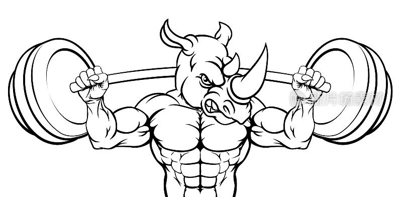Rhino Mascot Weight Lifting Barbell Body Builder